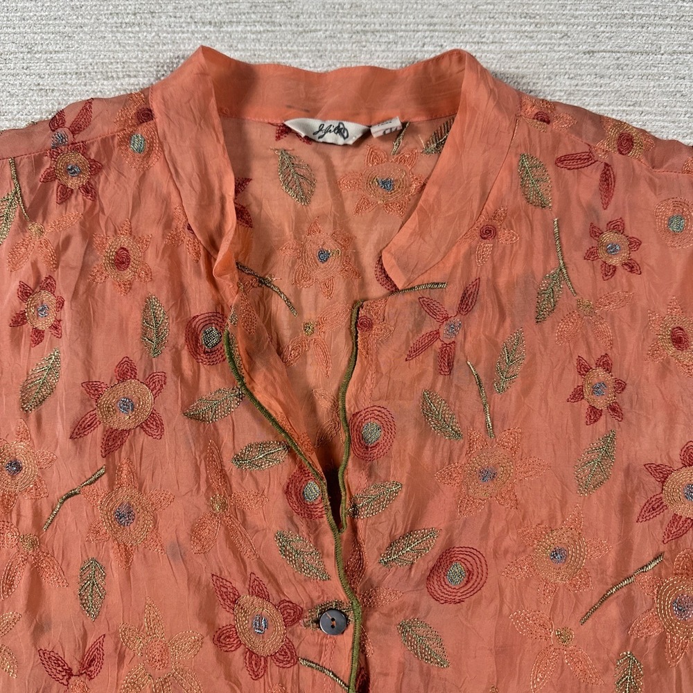 J Jill Embroidered Blouse M Boho Cottagecore Romantic Floral Ruffle Coral Button